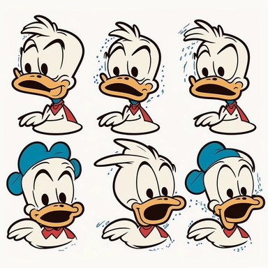 only outline of donald duck with various facial expressions for children's drawing, clipart