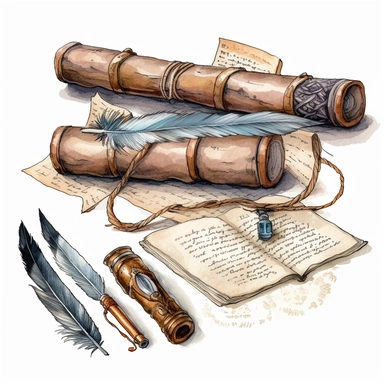 Old book, paper scroll and feather pen sketch set, Watercolour Illustration clipart, 4K, extremely detailed Sublimation Clipart,Cartoon,hyper realistic, intricate detail, illustration style,high solution,on the white background
