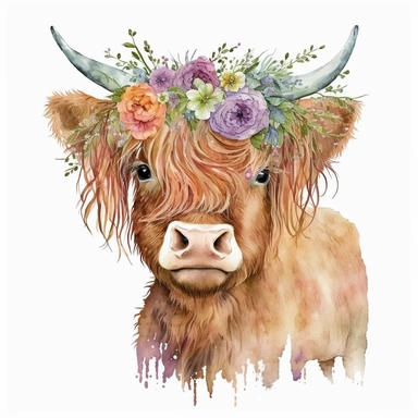 Highland Cow with a head garland, Watercolor, Clipart, Farm Animal, clipart