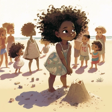 pixar , disney illustration of Sag Harbor , An illustration of fiver year old light skin Harper a happy black girl with curly afro, arriving in sag harbor ,standing looking at a group of children making other sandcastles in the competition , from the community's stunning Sunset Beach, east hampton , summer vaction, beach town , summer days , muted tones , shy warm heart , pixar , hyper detailed , smooth skin realistic animated — Happy Black Girl Smiling art,black girlsclipart, Funny black girl ,