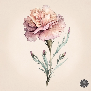 A watercolor clipart featuring a single delicate carnation flower. The flower is depicted with intricate details, capturing the texture and delicacy of each petal and leaf. The watercolor technique used in the painting gives the image a soft, dreamy quality, with the colors blending together in a way that suggests movement and life. The single flower design adds a simple and elegant touch to the image, making it suitable for a variety of occasions such as weddings, bridal showers, or other celeb