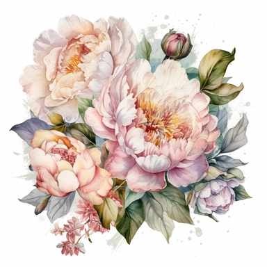 a bouquet with a few peonies clipart with white background, unimaginable beauty,white with little pink details in the centre of the bloom,An illustration clipart painted by ann buccarelli, watercolour, combo pale colours, insanely detailed, on white background, amazing colour combo, with detailed watercolor bloom, white/ pink/ green, bec winnel, intricately textured, close up, walter Langley, lucy grossmith, heavy impasto technique, detailed shading, atmospheric watercolours, on white background
