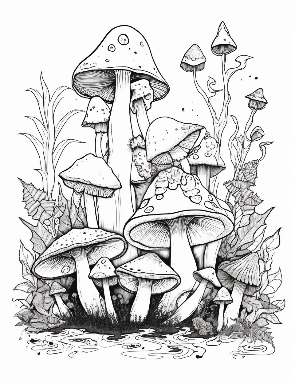 a clean coloring book page of a group of enchanted mushrooms ...