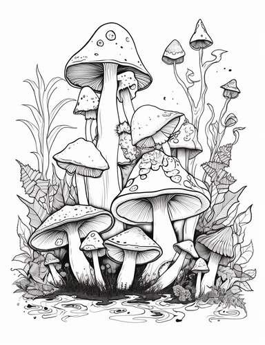 a clean coloring book page of a group of enchanted mushrooms, whimsigoth, tiedye, witchcore, clipart