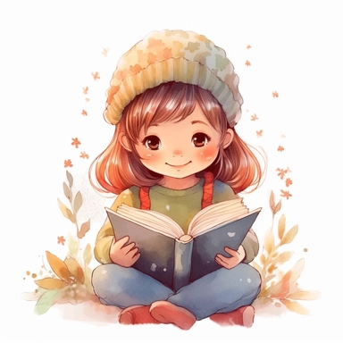 cute little girl reading a book, folk art, watercolor, clipart elements, kawaii, winter time, winter clothes, white background