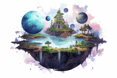 Watercolor, Design a planet with floating islands that are home to telekinetic beings with extraordinary abilities clipart, hd, on a white background, spaced out