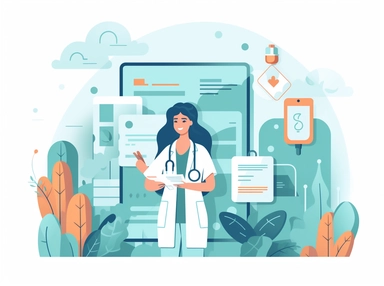 a nurse is holding a clipboard and a clip, surrounded by different medical icons, in the style of minimalist nature studies, #screenshotsaturday, animated illustrations, clear edge definition, petcore, youthful protagonists, ferrania p30