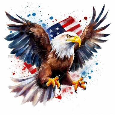 Cute Beautiful USA Patriotic Eagle Flying Flag Watercolor Sublimation Clipart,Cartoon,hyper realistic, intricate detail, illustration style,high solution,on the white background