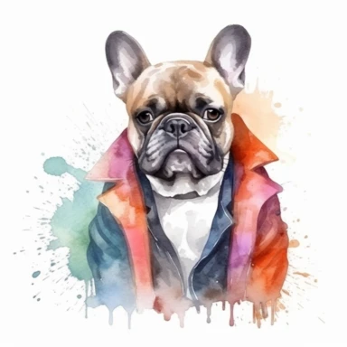 mafia boss french bulldog, watercolor clipart, minimalist, bright colors, isolated white background, 8k