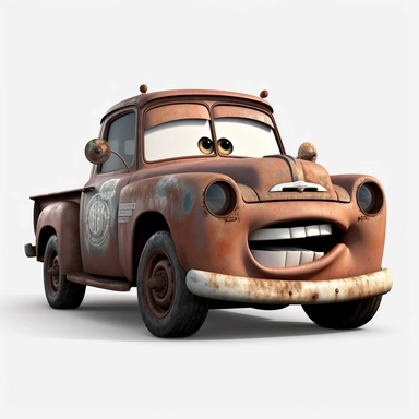 Mater hero from cartoon cars Disney Pixar, clipart, sideway, no shadow, white background