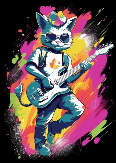 Stylized vector graphic illustration of a Tshirt features Design, clipart concept, An anthropomorphic humanoid, A Rainbow Pantone Kittens Male character with the ability to control and morph from energy IN Swoon graffiti artwork and graffiti design, FULL BODY, Playing the GUITAR, Wearing clothes Hiphop STYLE, Contour Drawing with Fine Line Artwork, Intricate Detailed by H. R. Giger, Focused on the character, Clear visuals, Highest Resolution 3D Adobe Illustrator file Eps format, Style of photo-r