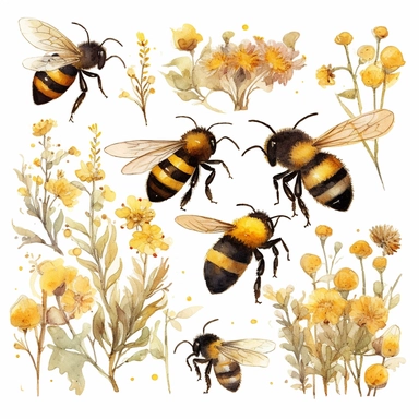 watercolor clipart, honey, bumble bees, hive