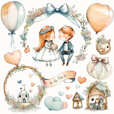 wedding rings tied with a ribbon , cute wedding illustrations clipart set, ILLUSTRATIONS FOR THE BOOK, cartoon elements, different variants, girl with long hair in a wedding veil, wedding, husband and wife Love , Hearts balloons , veil, garland, wooden elements, sit on a bench , on the car, white transparent background separate elements with a margin Watercolor