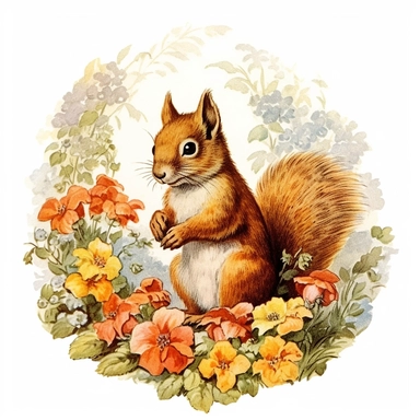 a squirrel surrounded by flowers, 1970s children's book illustration, clipart, white background
