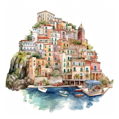 The Amalfi Coast, Italy, watercolor Clipart, watercolor Sublimation graphics, hand drawn illustration by katie daisy, Watercolor clipart, single design, single object, print on demand image, PNG transparent background, white background for removing background - - no text shadow font watermark, 8k