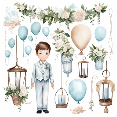 First communion illustrations clip art set, watercolor, white background, simple, soft colors, cartoon elements, boy, holy cross, white doves, tulips, peonies, eucalyptus branches, wooden rosary beads, powder blue, brown, flowers, first holy communion a little boy swings on a swing suspended on strings on a tree with a garland of lanterns and balloons
