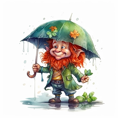 Cute Adorable magical little leprechaun with a cylinder hat and a red beard holds laterally a umbrella in his hand wears a raincape and stand in the rain on a country road, clipart, photorealistic illustration, watercolor, high detail, 8k polished, 8k, vibrant colors, white background
