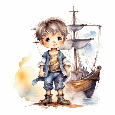 Cute little pirate boy standing on his pirate ship watercolor Clipart
