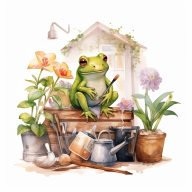 a Cute Frog taking care of house plants, plant lover clipart, vintage illustration, vintage print poster, Woods Forest Animals Frog PNG Frog Daisy Flowers Water Lilies Sublimation watercolor print, white background, watercolor paint, procreate watercolor drawing, Watercolor Sublimation design, realistic cartoon, realistic water based colors, clipart, transparent white background
