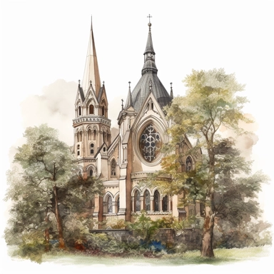 european church, watercolour, intricate, trees in the background, ornate, clipart, white background