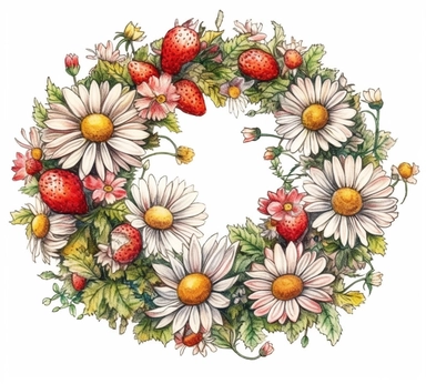 realistic burnished watercolored pencil strawberry and daisy wreath clipart, detailed, on white background, spaced out
