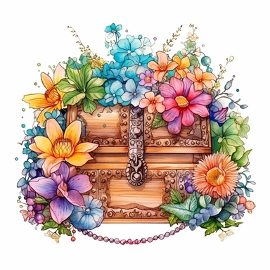 clipart, isolated on white background, Watercolor spring ornated treasure chest with jewelry on the beach, detailed, flowers and plants, ornated, pastel colors