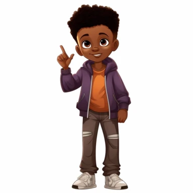 A full body illustration of a very dark-skinned boy with fresh hair cut, modern clothes, disney clipart
