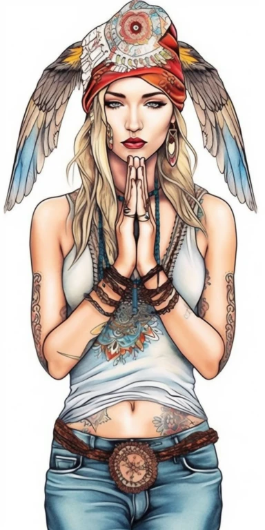 woman in fashion pose, Bohemian, exotic, blue eyed and blonde haired woman with a headband with flowers and feather, cowboy boots, lotus choker, large earrings, tattoos, hands in prayer, wearing her heart on her sleeve, watercolor illustration on white background, watercolor clipart on white background, watercolor sticker on whtie background, in th e style of Job ID: 604300f4 - 6984 - 4a9a - aa16 - 00313a985d77 Seed: 1300855054