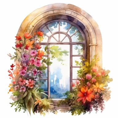 a watercolor realistic arch window opened and you can see colorful flowers outside clipart