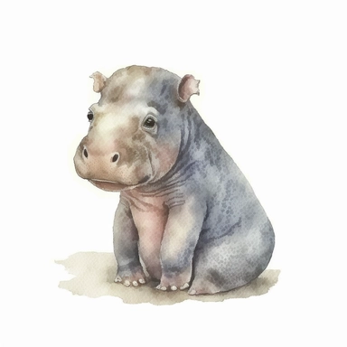 cute watercolor baby hippo, clipart on white background, no shading ar-- 3:4