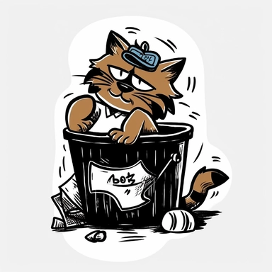 an old 80's style of a cartoon a cat eating fish bones behind a garbage can veiw 3d handraw clipart style easy draw simplist black and white vector simple doodle very with thick lines