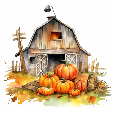 Pumpkin Clipart Farm for Halloween, Watercolor Clipart