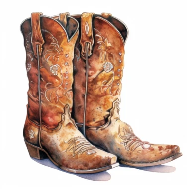 old Western cowboy boots, watercolor, clipart, white background