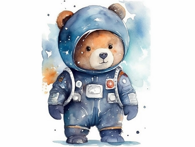 Space bear Astronaut Watercolor Clipart, Space Nursery, super cute, 2d, vector, flat, isolated on white background, single image variant.