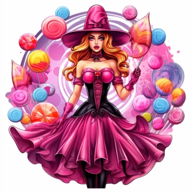 Sharp Illustration of a fantasy sweet candy witch clipart aginst white background in watercolor style, majestic scene, beautiful witch, sweets, vibrant colors, bubble gum, pink dress, colorful candies, illustration style, vibrant colors, unreal engine 5, detailed illustration, high resolution, high quality, solid white background