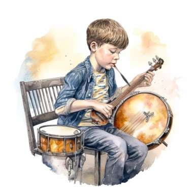 a delightful watercolor, hyper-realistic clipart image with a white background and white margins, showcasing a children musician. The ultra-detailed, hand-drawn elements capture the childern musician.