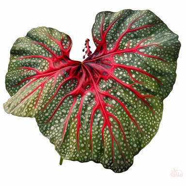Clipart, Polka Dot Begonia's, also known as Begonia Maculata Leaf, tropical botanical plant from Brazil, with large angel wing shaped leaves, in a vibrant olive green color, deep red undersides and polka dot finishes on top. It has silver spots on its surface and a crimson reddish underside