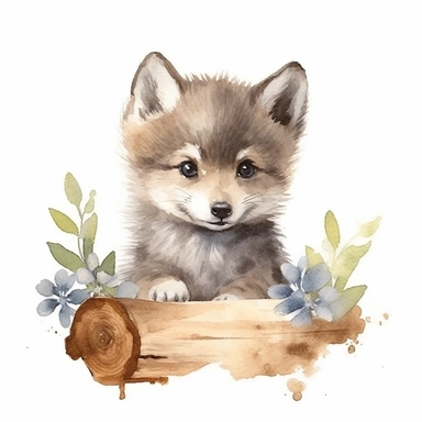 woodland animal cute baby wolf watercolor clipart detailed