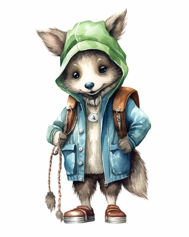 cute Woodland cartoon wolf with clothes Clipart Watercolor, white background, realistic, very detailed