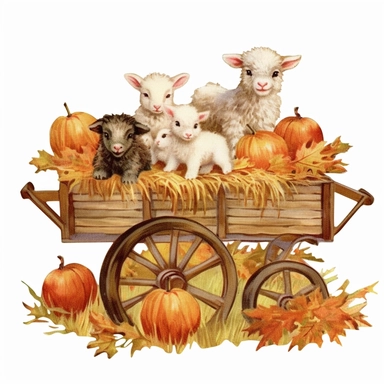 baby farm animals on a hay wagon full of rectangular bales of hay on an autumn day, autumn colors on a white background, clipart, vintage style--q2--s1000