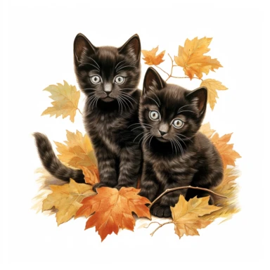 autumn themed black british shorthair kittens, vintage clip art