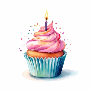 watercolor clipart, one individual cupcake with candle, white background