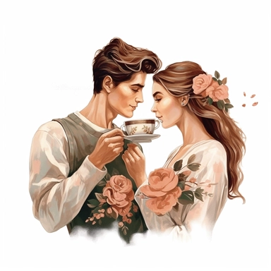beauty couple drinking coffee, vintage cups, flower digital clipart on white background