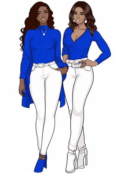 vector illustration of full body detailed melanin beautiful sorority girls wearing royal blue and white with white background.. no watermark! vector clipart, character drawn with thick black lines like for a coloring book! with no watermarks