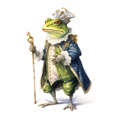 watercolor fairytale frog clipart, as its detailed depiction showcases the frog dressed like a medieval lord, blending whimsy and nobility in a captivating way, 8k, fantasy style, white background