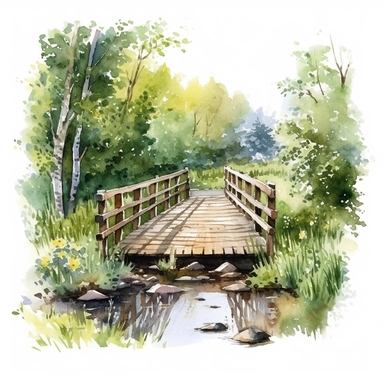 watercolour, wooden bridge over creek, summer, detailed, clipart white background