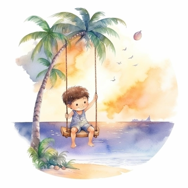 watercolour, tropical island setting, showcase an adorable little Hawaiian boy, he is swinging from the moon, the feeling is magical, clipart style