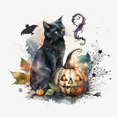 Watercolor black witch cat Halloween clipart, pumpkin, autumn season, Watercolor Sublimation design, white background