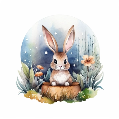 Easy to cut, Dreamy watercolor cute bunny in an imaginary forest clipart