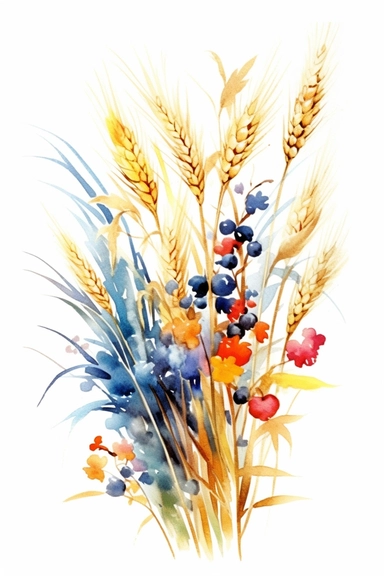 watercolor different grasses and cereal plants, solid background, clipart